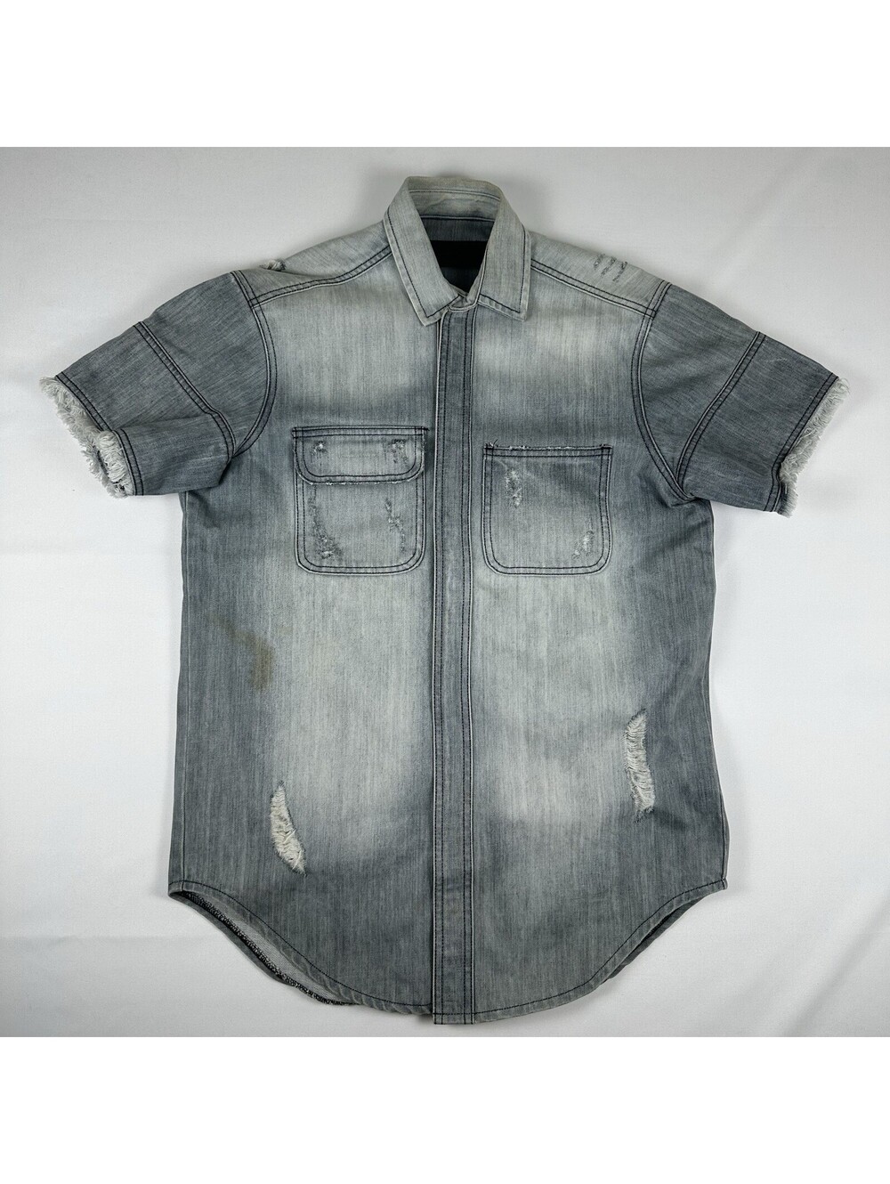 Distressed Denim Shirt Fringe Unisex Medium Jean Top Streetwear Homme Femme Wear